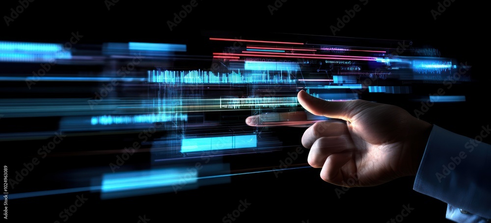 Poster a hand interacts with digital data streams, symbolizing technology and innovation.