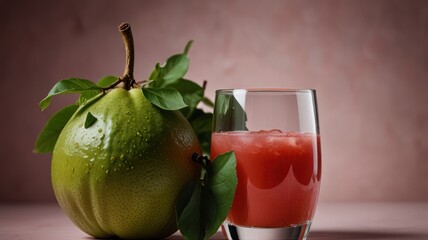 A glass of guava juice with a fresh guava fruit next to it on a pink background.