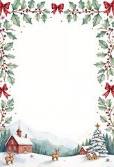 Charming Christmas-themed border with festive elements and winter scene with copy space