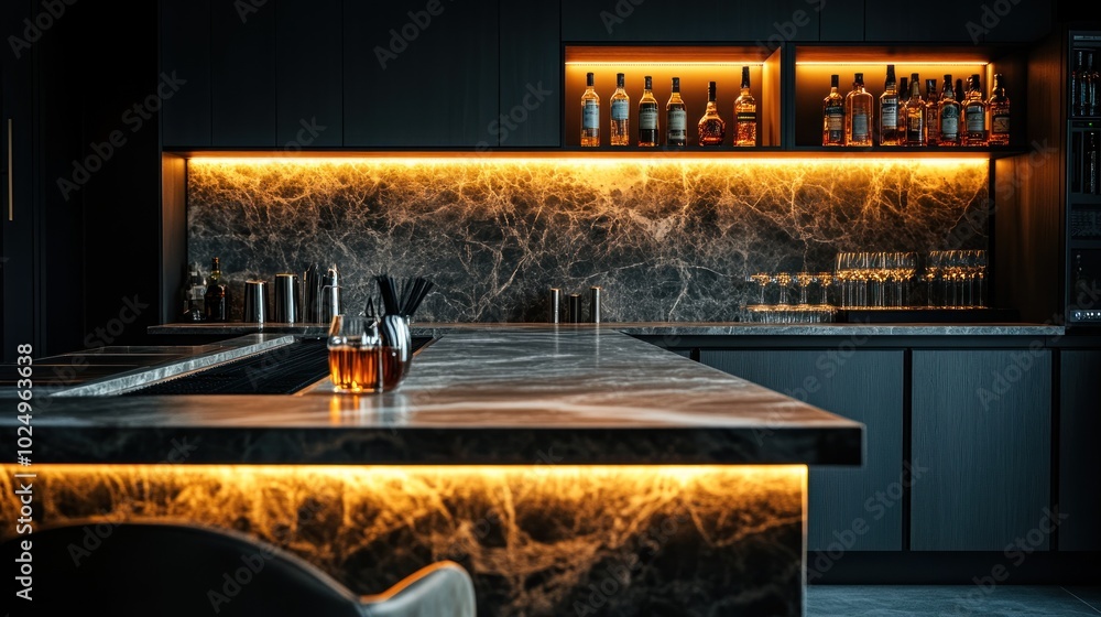 Aufkleber a modern bar with a marble countertop and illuminated shelves displaying various bottles.