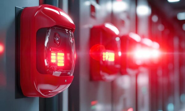 Close-up of a red fire alarm system in a building