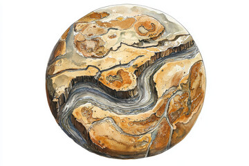 A stylized representation of a planet's surface featuring swirling patterns and earthy tones, resembling a geological or abstract design.