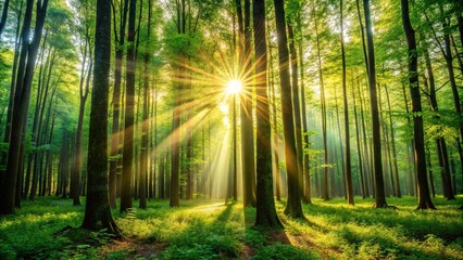 Obraz premium Sun shining through tall trees in lush green forest