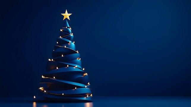 3D Geometric Stereometric Christmas Tree made of thick blue material, decorated with gold garlands and a gold star on top