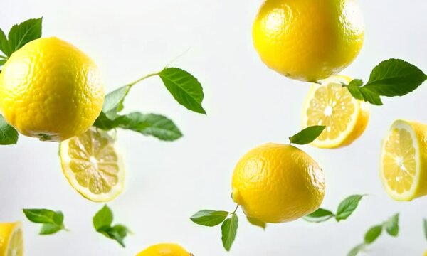 Fresh flying lemons and mint leaves isolated on white