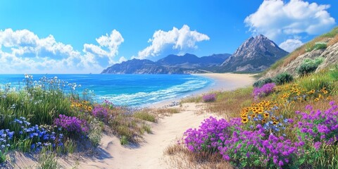 Scenic view of a beach with the ocean beyond, featuring wildflowers and chaparral in the foreground, with a prominent mountain visible in the background Captured from a nearby hiking trail