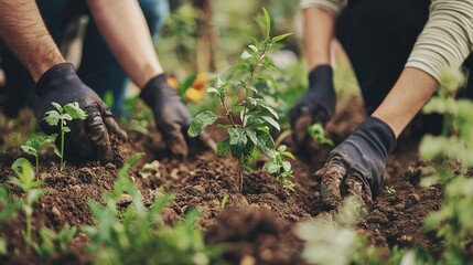 Hands planting seedlings in rich soil, showcasing teamwork and connection to nature in a garden setting.