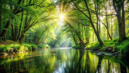 Fototapeta premium Sunlight filtering through green trees in forest by river