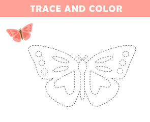Trace and color for children. Handwriting practice. Coloring page for kids. Preschool worksheet with cute butterfly illustration.