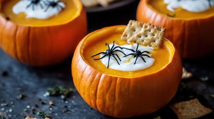 A festive pumpkin soup served in carved pumpkins, topped with cream, crackers, and spiders.