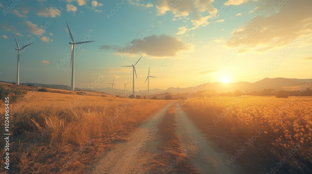 Canvas Prints Scenic sunset over a wind farm with golden fields and a dirt road.