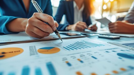 A professional setting where individuals collaborate on data analysis, reviewing charts and graphs to make informed business decisions.