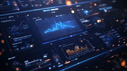 Obraz premium Futuristic digital dashboard displaying data analytics and visualizations.