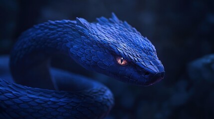 Fototapeta premium A detailed, stylized depiction of a blue serpent with a fierce expression in a dark setting.