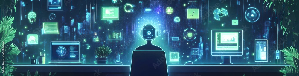 Poster a digital scene depicting a figure with a glowing head surrounded by screens and data.