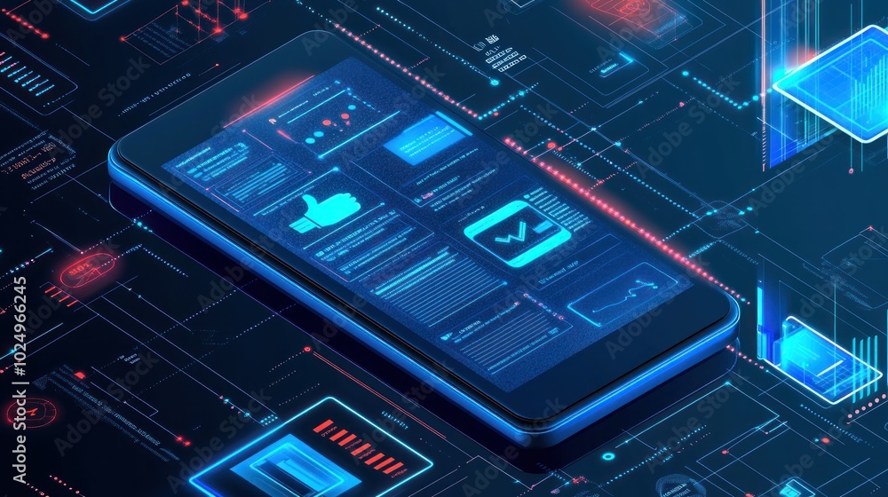 Aufkleber a digital smartphone surrounded by futuristic data and interface elements.