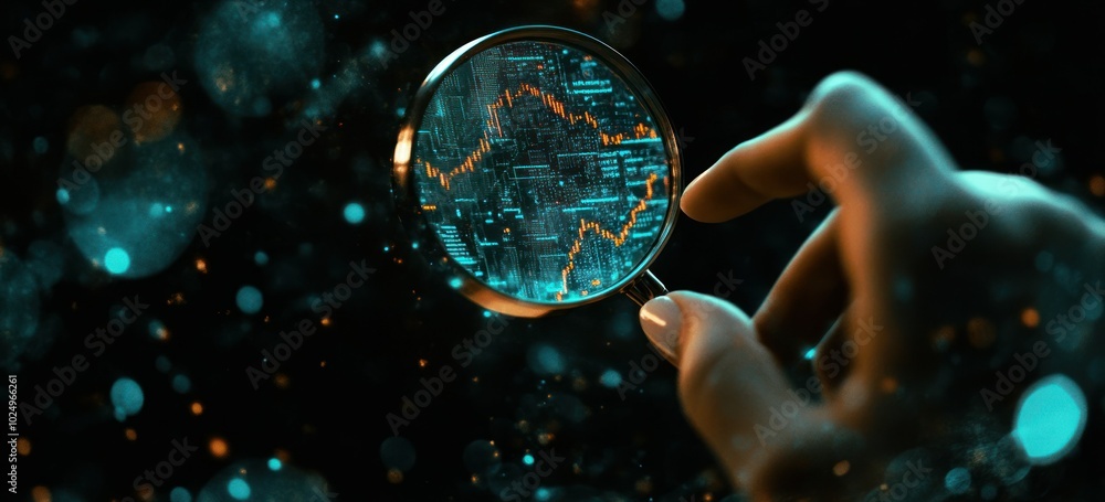 Poster a hand holding a magnifying glass over a digital graph with glowing data points.