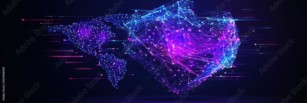Poster abstract digital representation of a networked world with vibrant colors and interconnected nodes.
