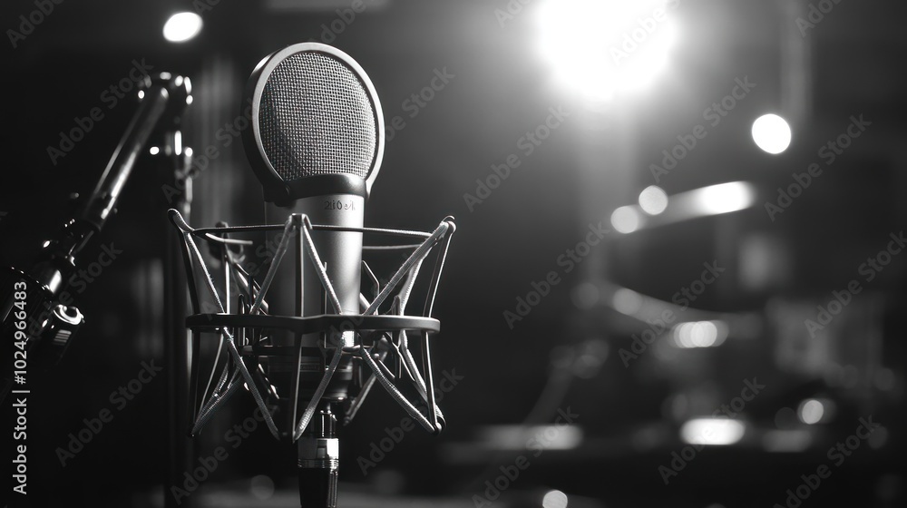 Poster a close-up of a microphone in a studio setting, emphasizing sound recording and production.
