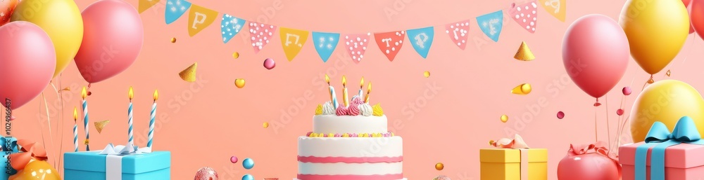 Poster A festive birthday scene with a cake, balloons, and colorful decorations.