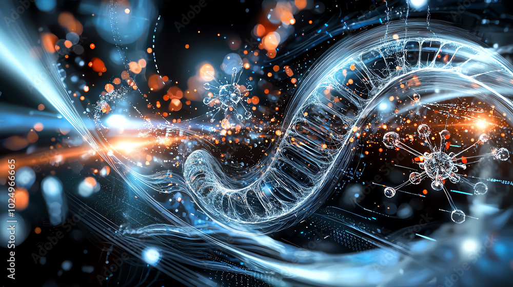 Poster abstract representation of dna strands and molecular structures with dynamic lighting.