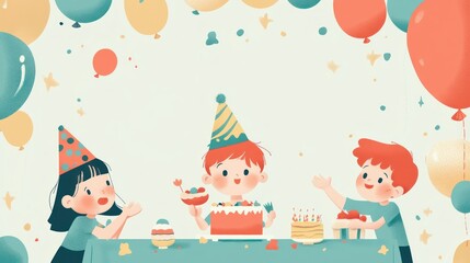 Children celebrating a birthday with cake and balloons in a festive setting.
