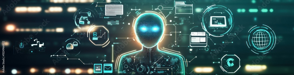 Poster digital representation of a humanoid figure surrounded by technology and data icons.