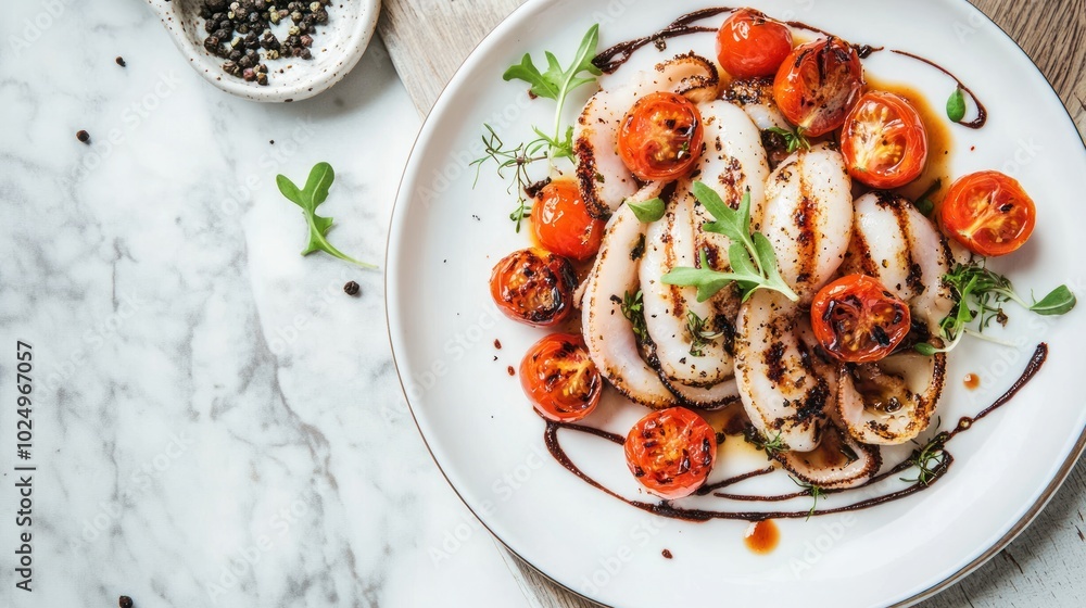 Wall mural A plate of grilled chicken slices with roasted cherry tomatoes and herbs.