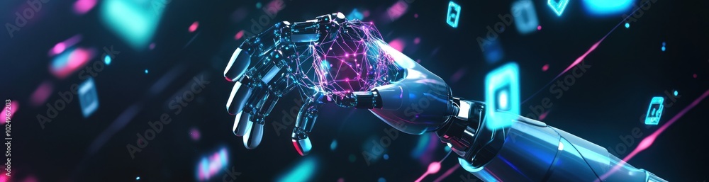 Aufkleber a futuristic robotic hand interacting with digital data and technology elements.
