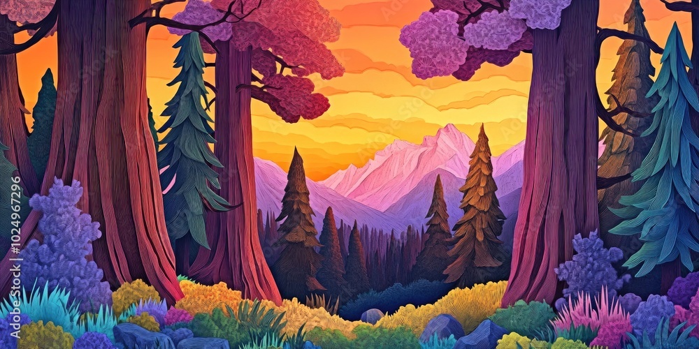 Poster sequoia trees in a national park setting, sequoia trees in a forest landscape