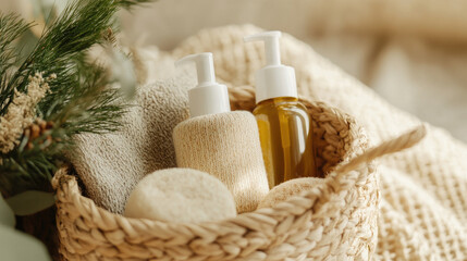 Elegant holiday gift basket, perfect for romantic occasions, filled with luxurious self-care products, ideal for corporate or personal giving.