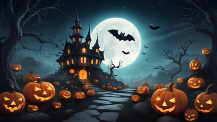 Fototapeta premium Spooky Halloween night scene with haunted house, moonlit castle, and bats flying over a hill