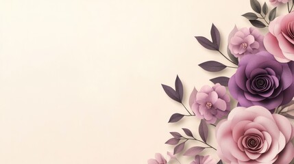Fototapeta premium A soft floral design featuring purple and pink roses against a light background.