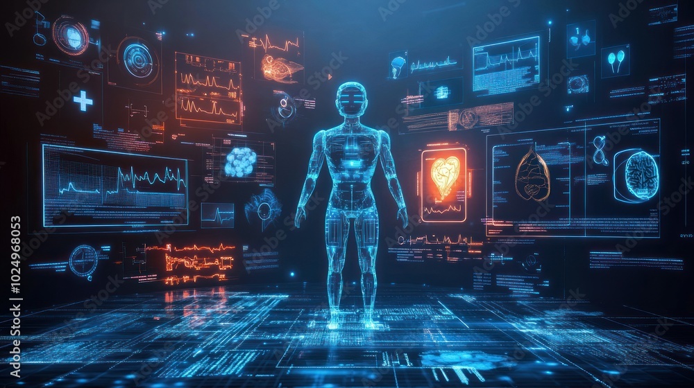 Poster futuristic holographic display of a human figure with health data and diagnostics.