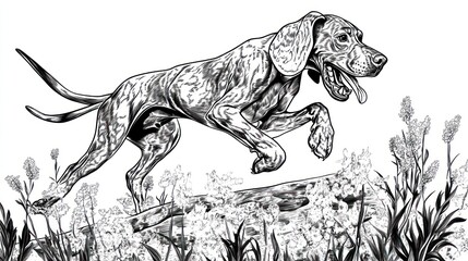 Obraz premium A stylized illustration of a dog leaping through flowers in a dynamic pose.