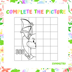 Symmetry Drawing Activity - Cute Halloween Bat with Boo Text. Vector Illustration