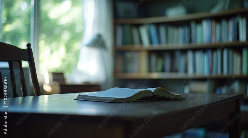Aufkleber a serene study space featuring an open book on a wooden table with a bookshelf in the background.