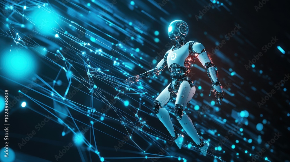 Aufkleber a futuristic robot navigating a digital landscape of glowing connections and data streams.
