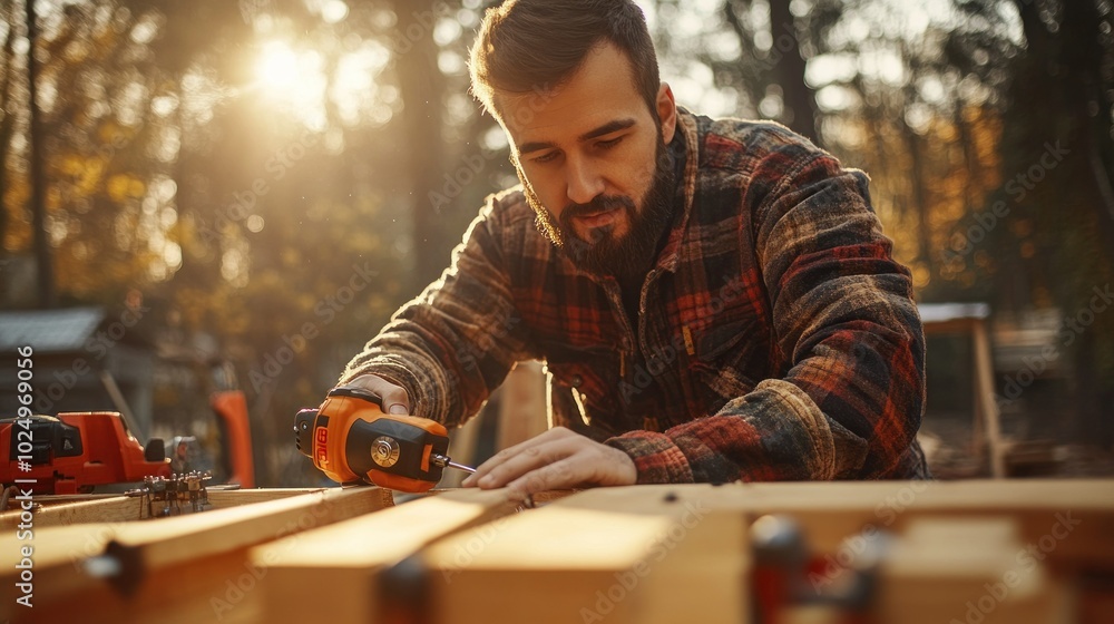 Poster a man working with wood in a forest setting, using a tool to measure and cut materials.