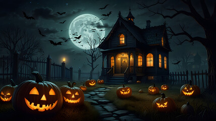 Spooktacular Halloween silhouette of haunted castle against moonlit night sky, bats flitting around pumpkin-adorned hill