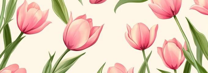 A pattern of pink tulips with green leaves on a light background, ideal for floral designs.