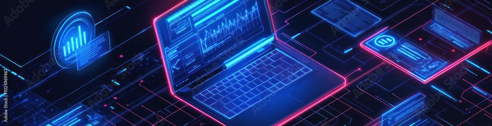 Aufkleber a digital workspace showcasing futuristic technology and data visualization.