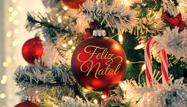 A brightly lit Christmas tree adorned with ornaments, including a red bauble labeled 'Feliz Natal', and a candy cane, all set against twinkling lights background.