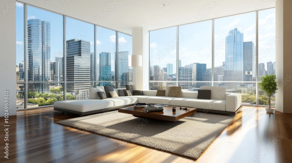 Canvas Prints Modern living room with large windows showcasing a city skyline.