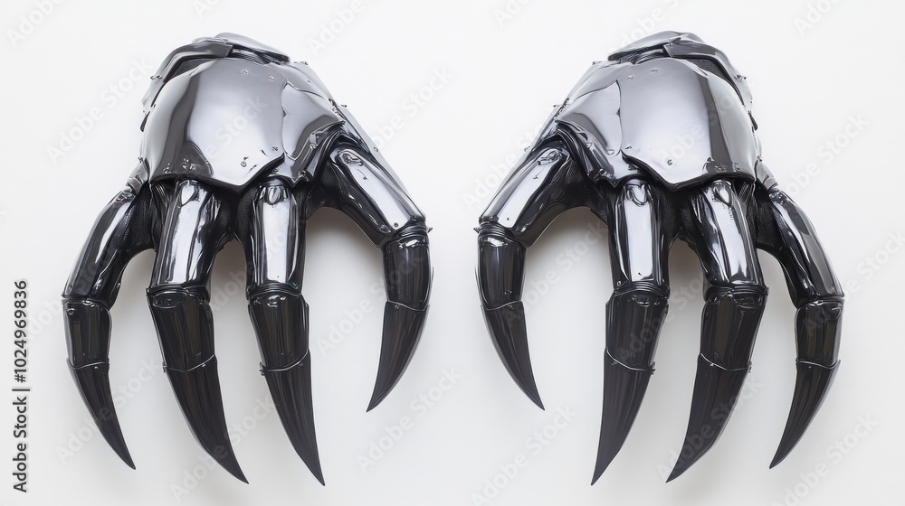 Poster a pair of glossy, articulated robotic hands with sharp claws.