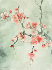  Vintage  art piece, capturing the elegance of soft pink and red tones on a time-worn canvas,