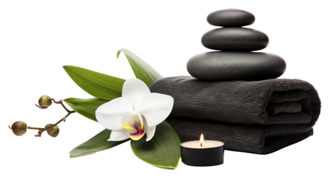 PNG Spa concept with zen basalt stones and towels flower plant spa.