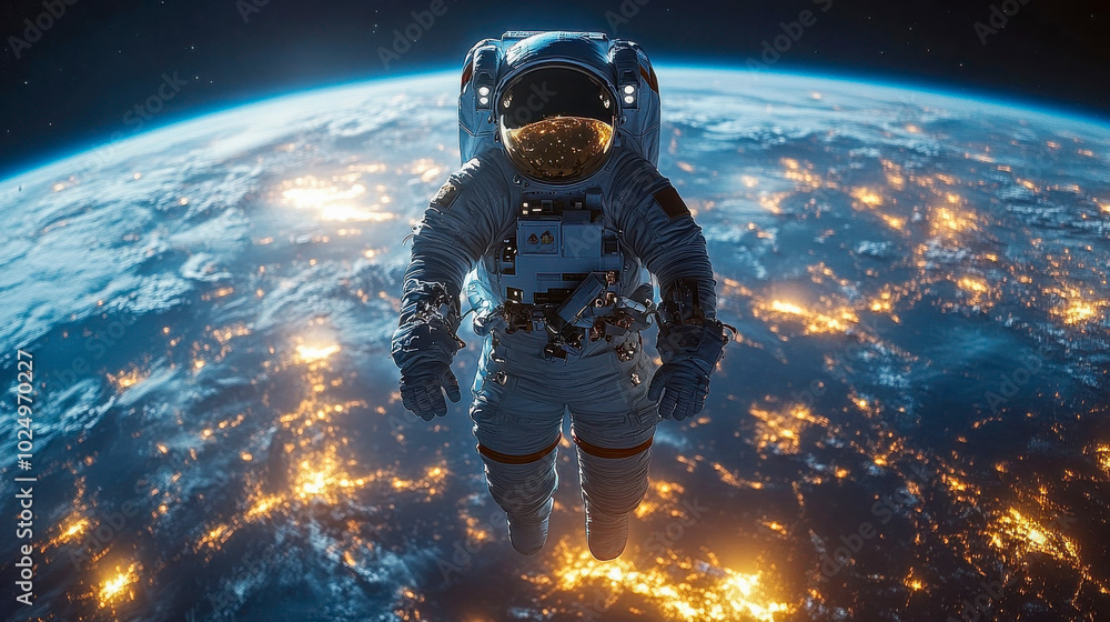 Aufkleber astronaut in a reflective helmet, floating in outer space with a backdrop of distant stars and galax