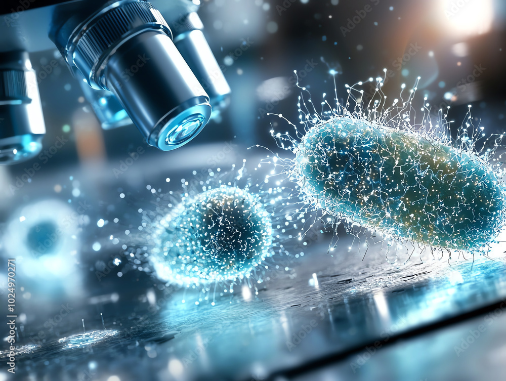 Poster microscopic view of glowing bacteria under a microscope on a laboratory surface.