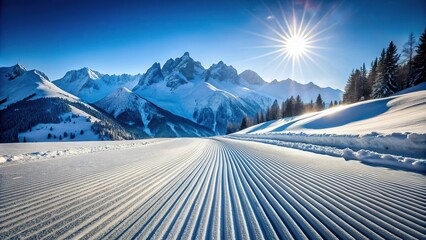 Ski and snowboard track with high mountain backdrop close-up